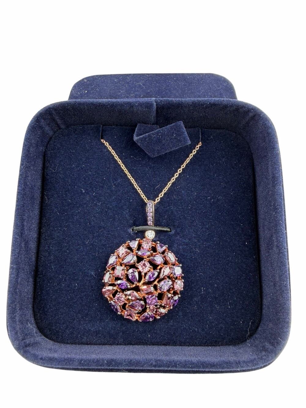 Stauer Rose Plated Sterling Silver Necklace Purple Glass Pendant 18" in Box
